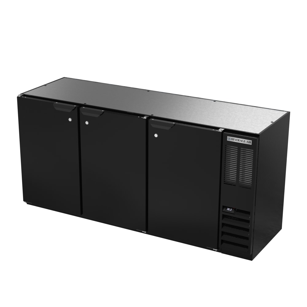 118-BB72HC1B 72" Bar Refrigerator - 3 Swinging Solid Doors, Black, 115v