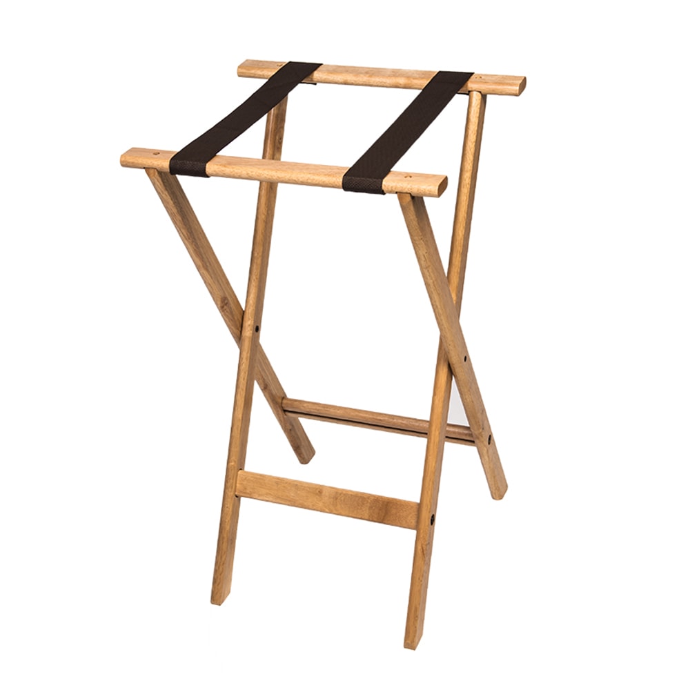 202-1170NAT 30"H Folding Tray Stand w/ Brown Straps - 18 1/2" x 17" Top, Wood Fram...