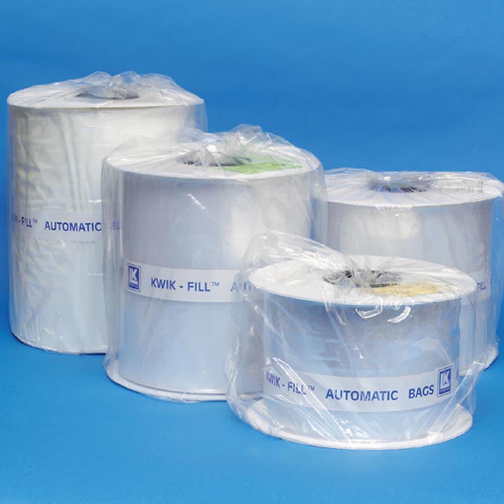 909-KF0303STW Kwik-Fill® Pre Opened Bags on Roll w/ White Back - 3" x 3", 1.4 mil LLDPE...