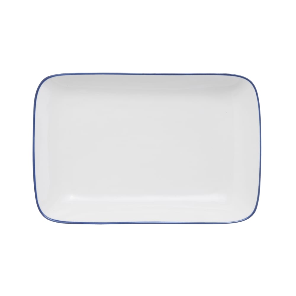 106-5256512 14" Rectangular Bistro Coupe Plate - Porcelain, Blue Pinstripe