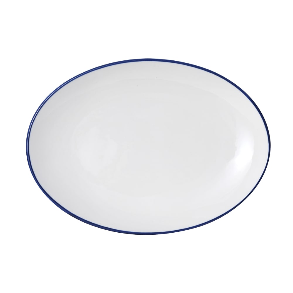106-5256519 14" Oval Bistro Entree Coupe Plate - Porcelain, Blue Pinstripe