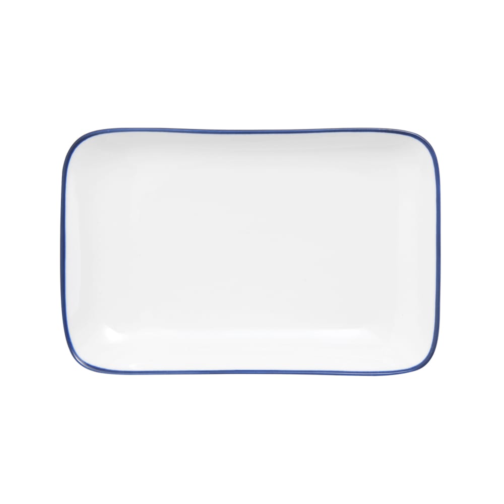 106-5256510 9" Rectangular Bistro Coupe Plate - Porcelain, Blue Pinstripe