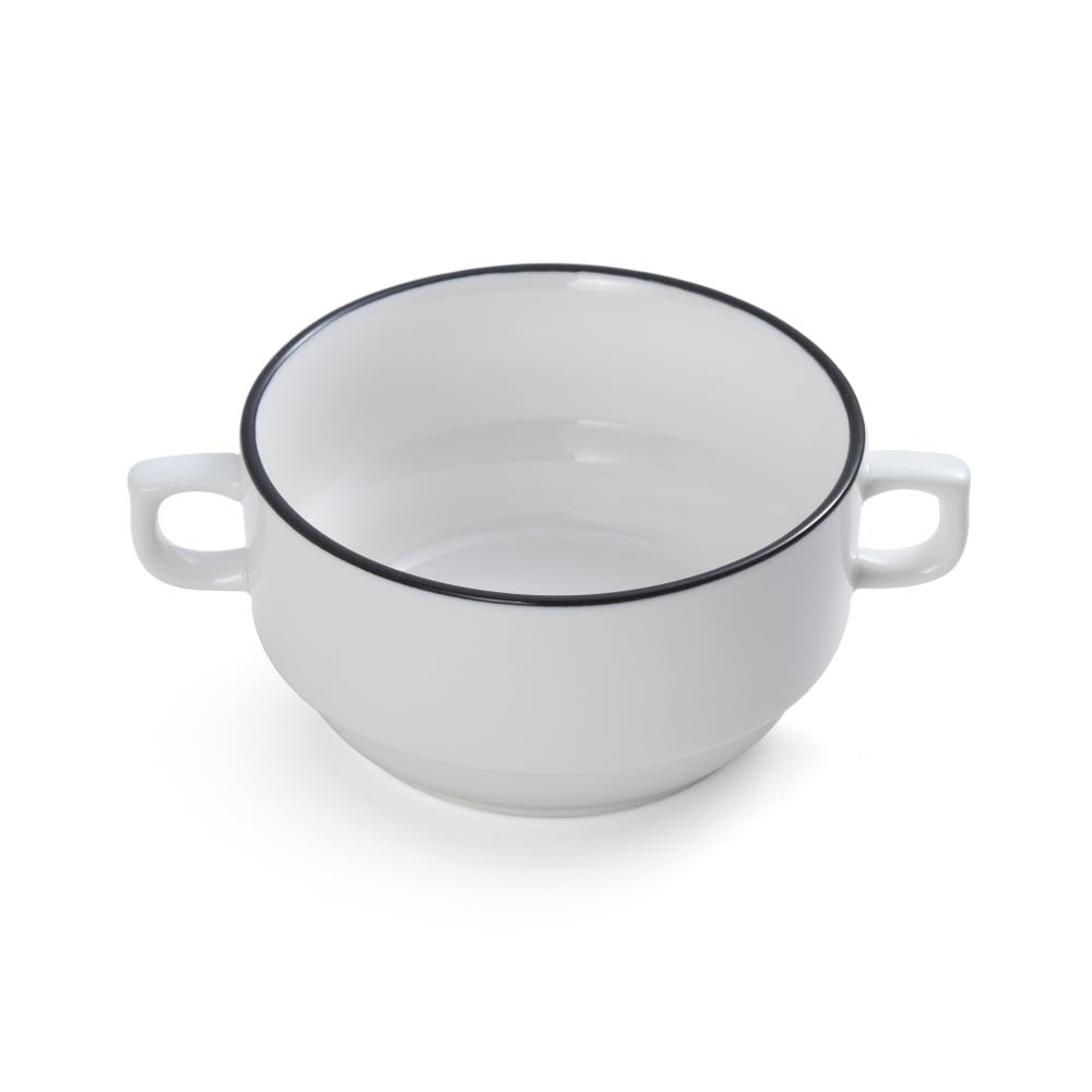 106-5305863 11 1/5 oz Round Bistro Soup Cup - Porcelain, Black Pinstripe