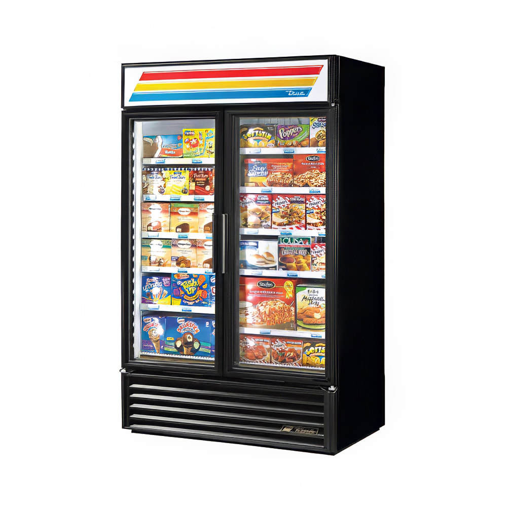 598-GDM43FLDBLK 47 1/8" Two Section Display Freezer w/ Swing Doors - Bottom Mount Compressor...