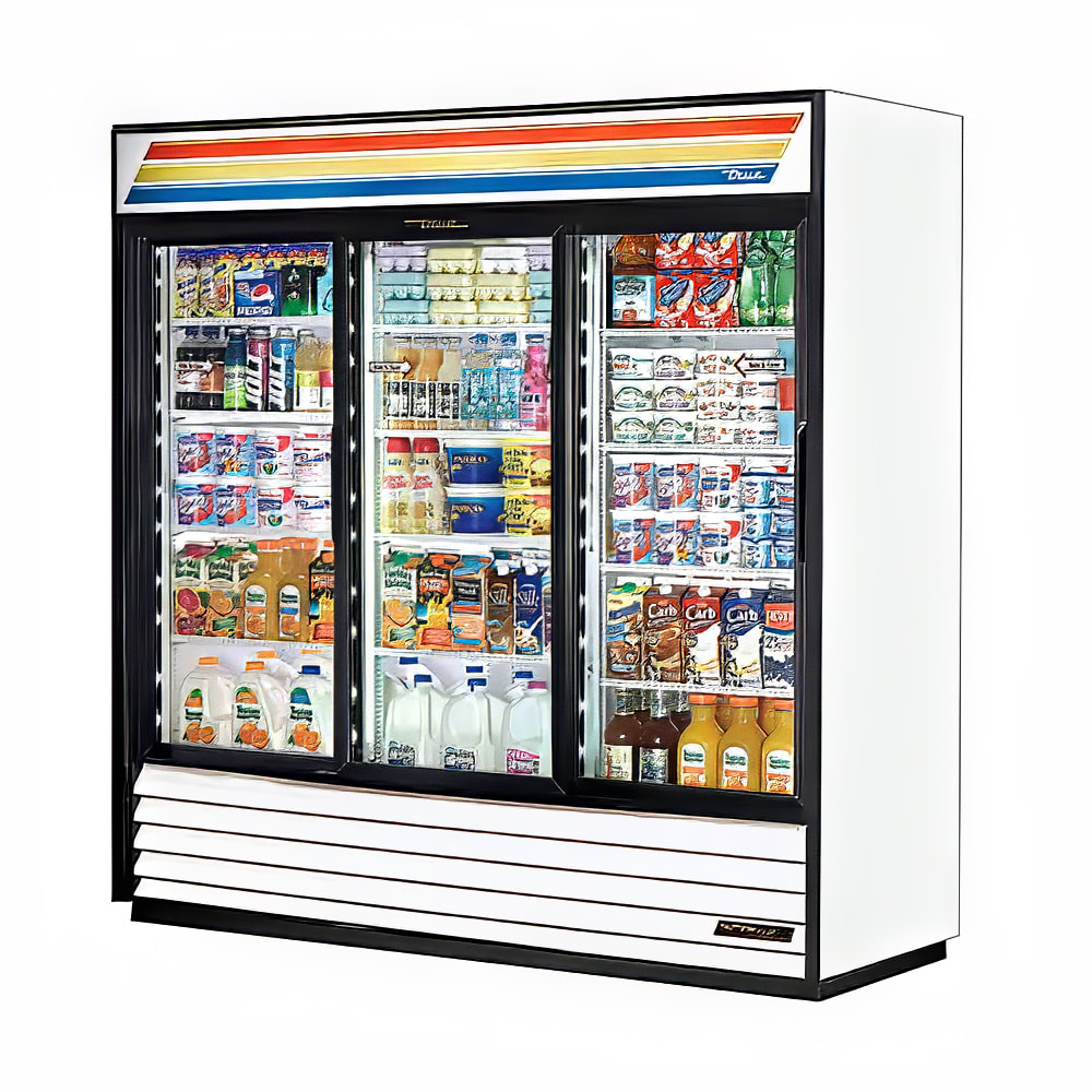 598-GDM69 78 1/8" GDM Series Three Section Glass Door Merchandiser - (3) Sliding Doors, Whit...