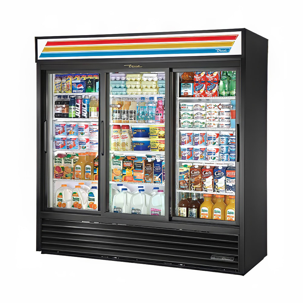 598-GDM69BK 78 1/8" GDM Series Three Section Glass Door Merchandiser - (3) Sliding Doors, Bl...