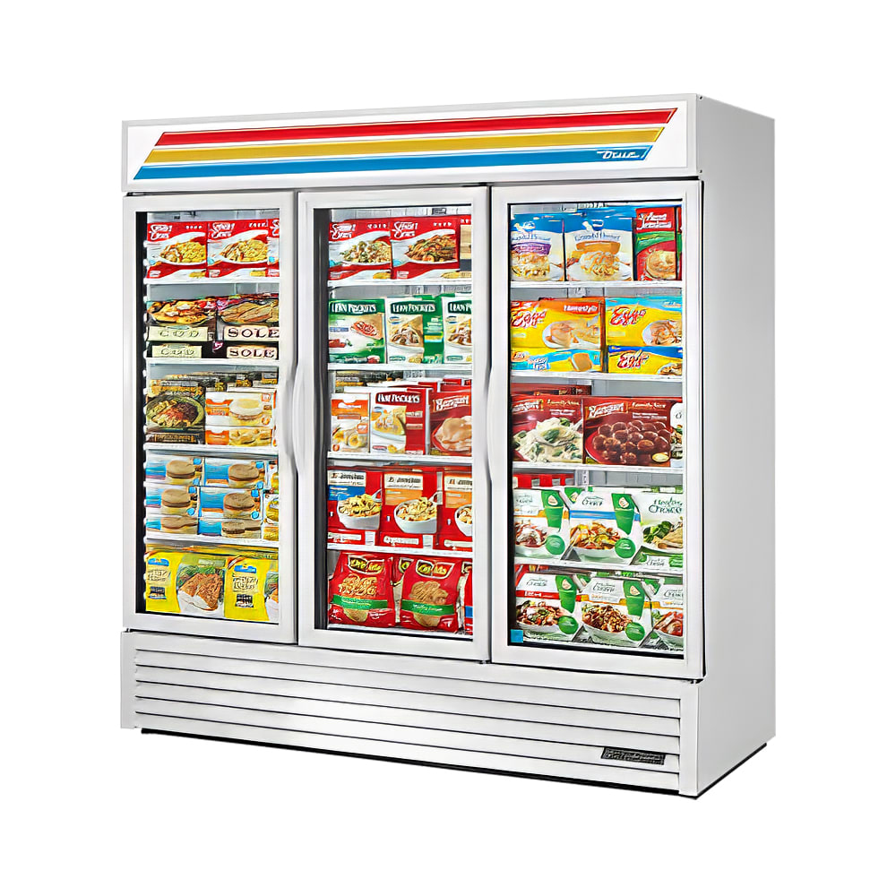 598-GDM72F 78" Three Section Display Freezer w/ Swing Doors - Bottom Mount Compressor, White...