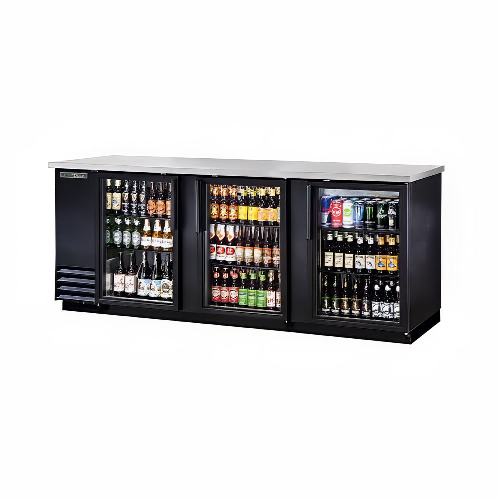 598-TBB4G 90 3/8" Bar Refrigerator - 3 Swinging Glass Doors, Black, 115v
