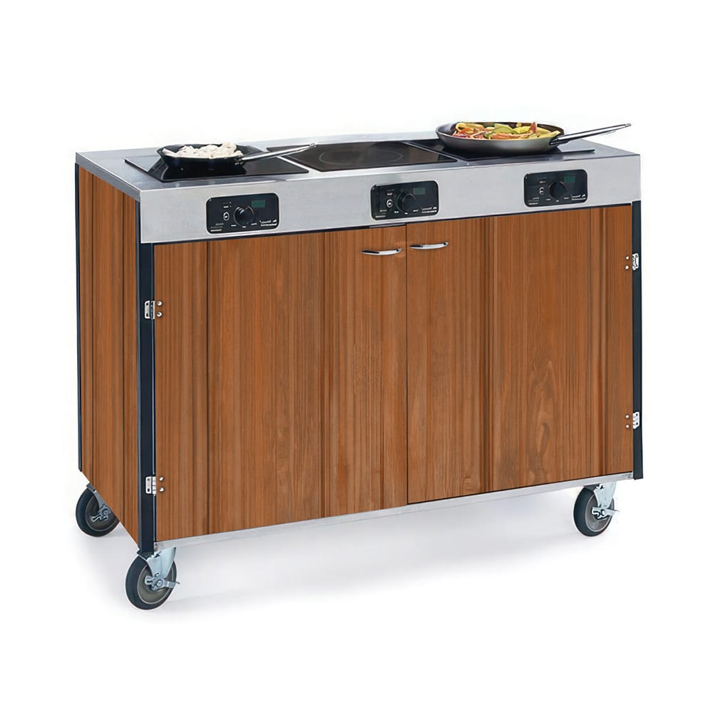 Lakeside 2080 VCHER 35 1/2" High Mobile Cooking Cart w/ 3 Induction Stove, Victorian Cherry