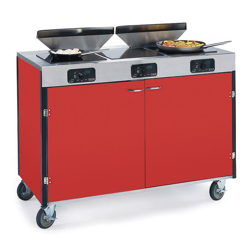 Lakeside 2085 RED 40 1/2" High Mobile Cooking Cart w/ 3 Induction Stove, Red