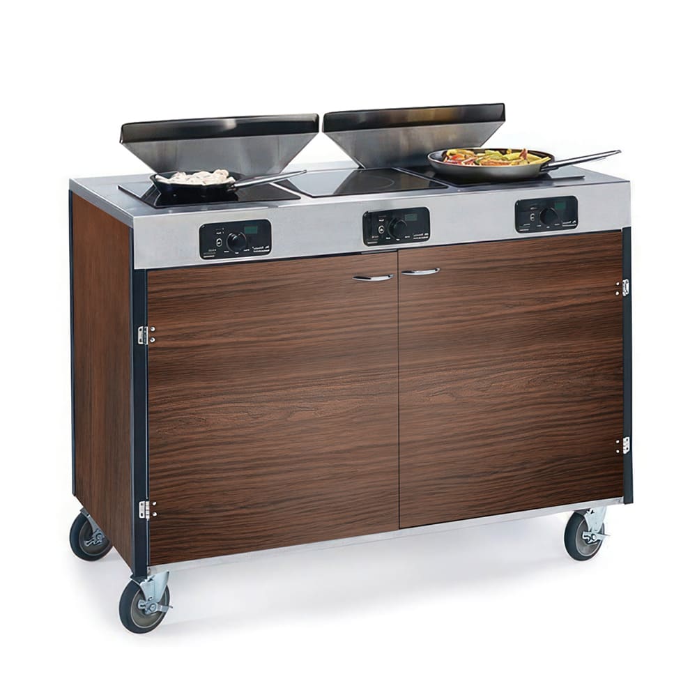 Lakeside 2085 WAL 40 1/2" High Mobile Cooking Cart w/ 3 Induction Stove, Walnut