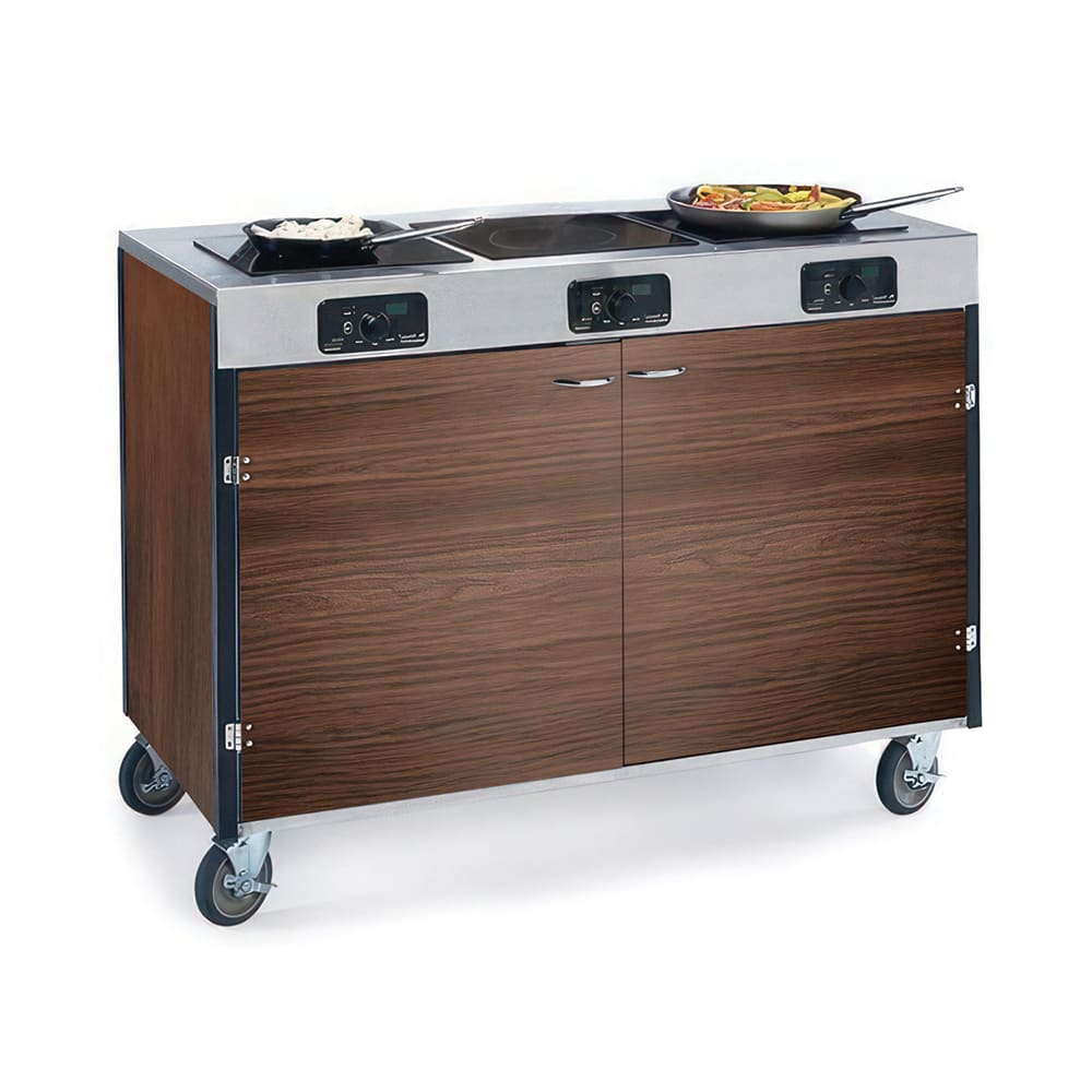 Lakeside 2080 WAL 35 1/2" High Mobile Cooking Cart w/ 3 Induction Stove, Walnut