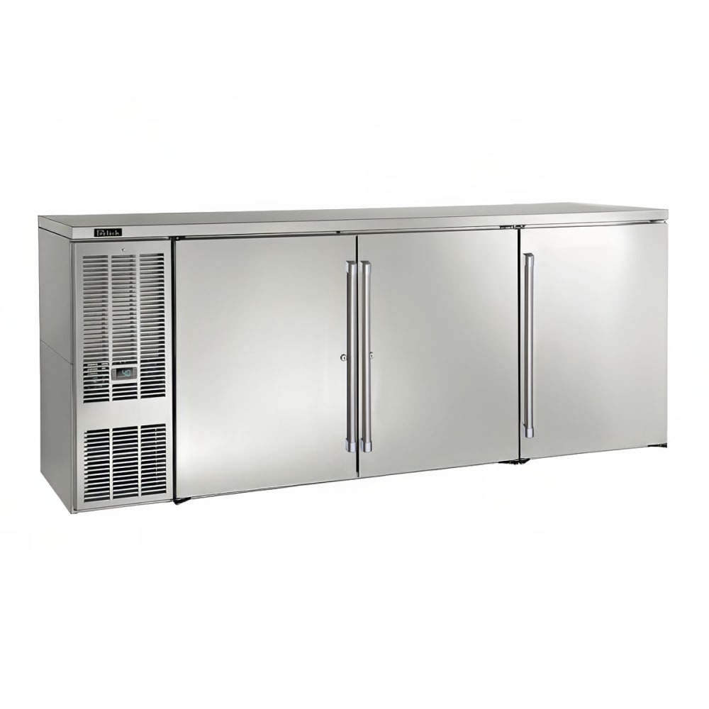 199-BBS84SSLSTK 84" Bar Refrigerator - 3 Swinging Solid Doors, Stainless, 120v
