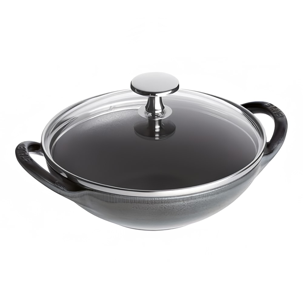 103-1311718 6 1/2" Enameled Mini Cast Iron Wok w/ Lid, Graphite Grey