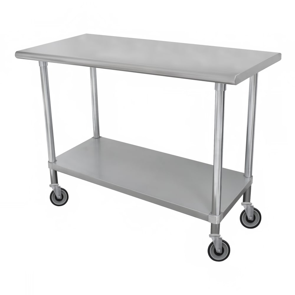Advance Tabco ELAG-304C-X 48" Mobile 18 ga Work Table w/ Undershelf & 430 Series Stainless Steel Flat Top