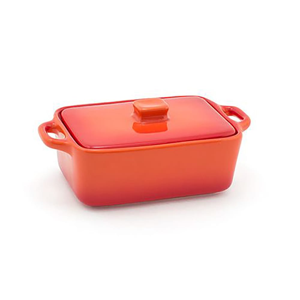 872-DBO135ORC23 10 oz Rectangular Kiln® Baking Dish w/ Lid - Porcelain, Blood Orange