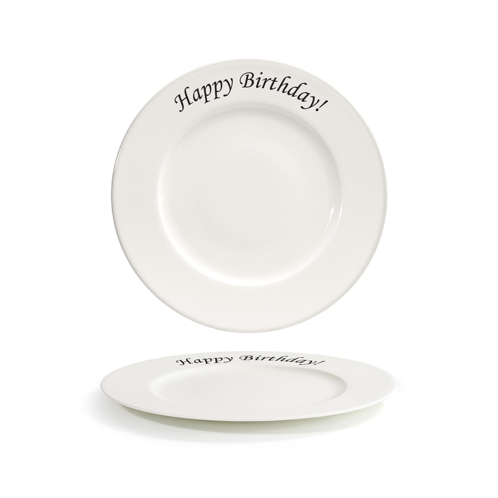 872-CDP134BEP22 10 5/8" Round Catalyst Rim Plate - Happy Birthday, Porcelain, Cream
