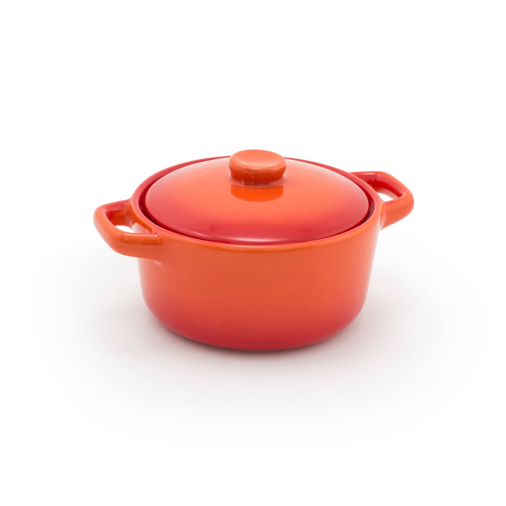 872-DBO133ORC23 16 oz Round Kiln® Baking Dish w/ Lid - Porcelain, Blood Orange