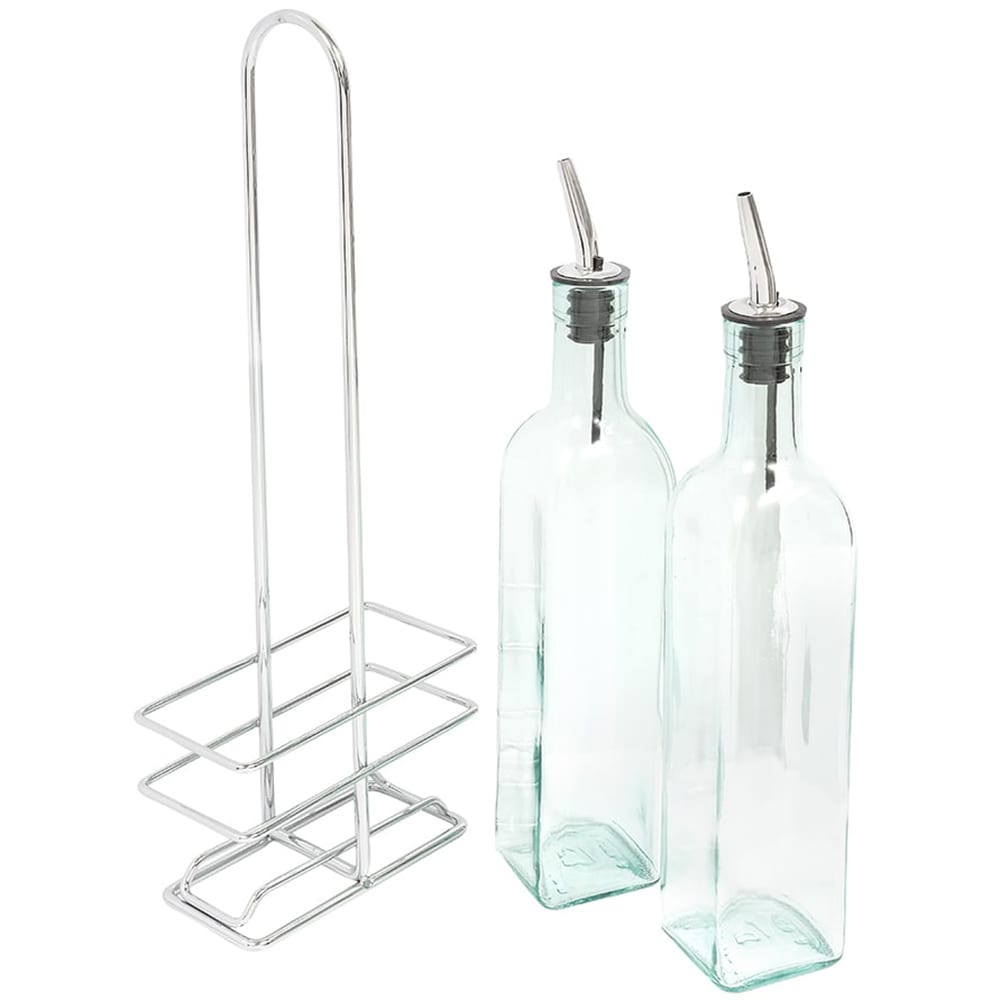 229-H916N 16 oz Cruet Set w/ Chrome Rack & Stainless Steel Pourers - Glass, Green Tint