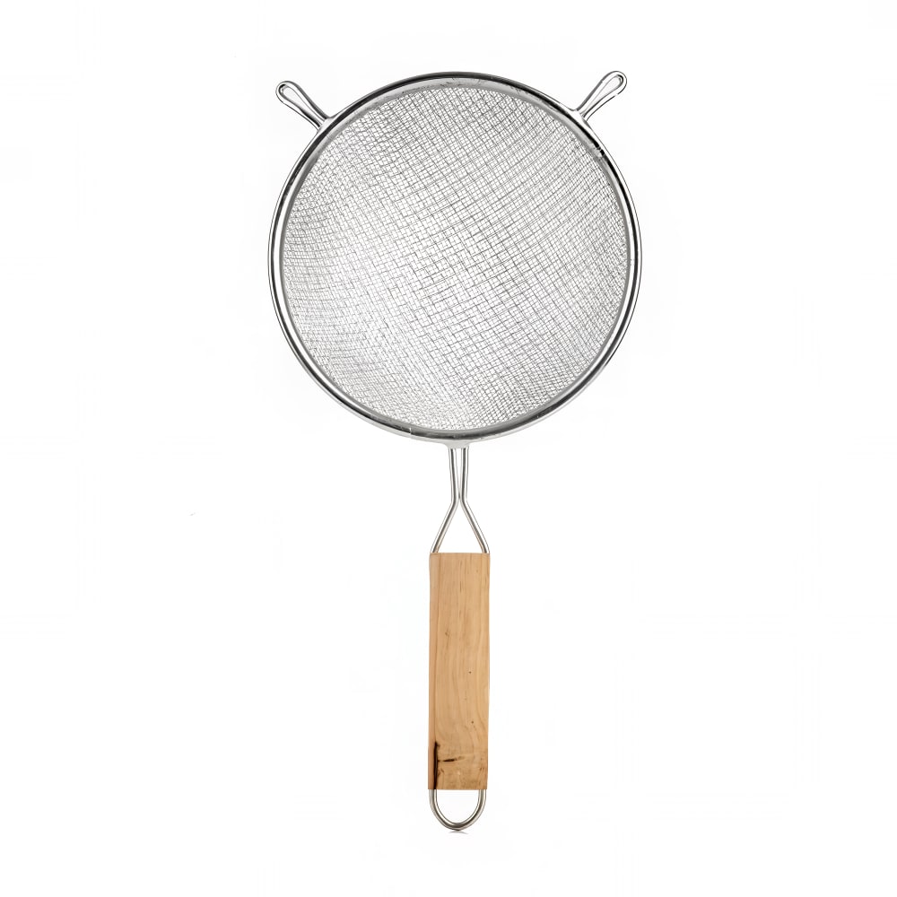 229-96 6 1/4" Round Strainer w/ Double Medium Mesh & Flat Wooden Handle