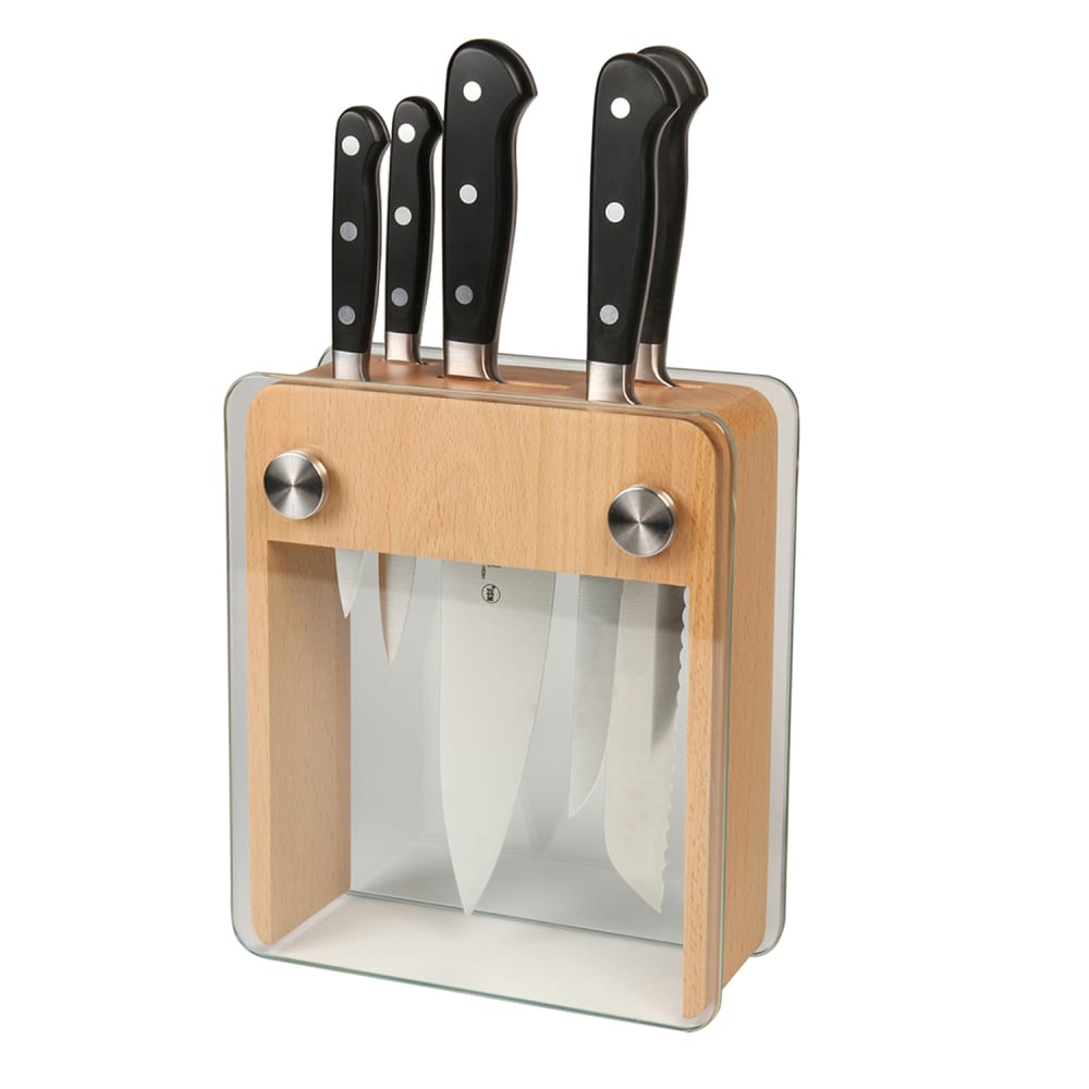 Mercer Culinary M23505 6 Piece Knife Set w/ Beechwood/Glass Block
