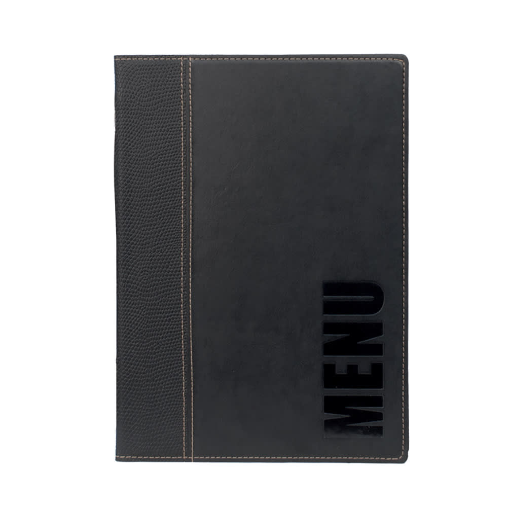 166-MCTRLSBL Menu Cover w/ De-Bossed Lettering & 2 Page Insert, Black