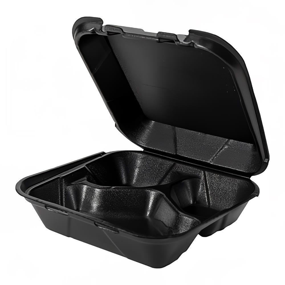 642-579586 Hinged Lid Food Container - 9"L x 9"W x 3"H, Foam, Black