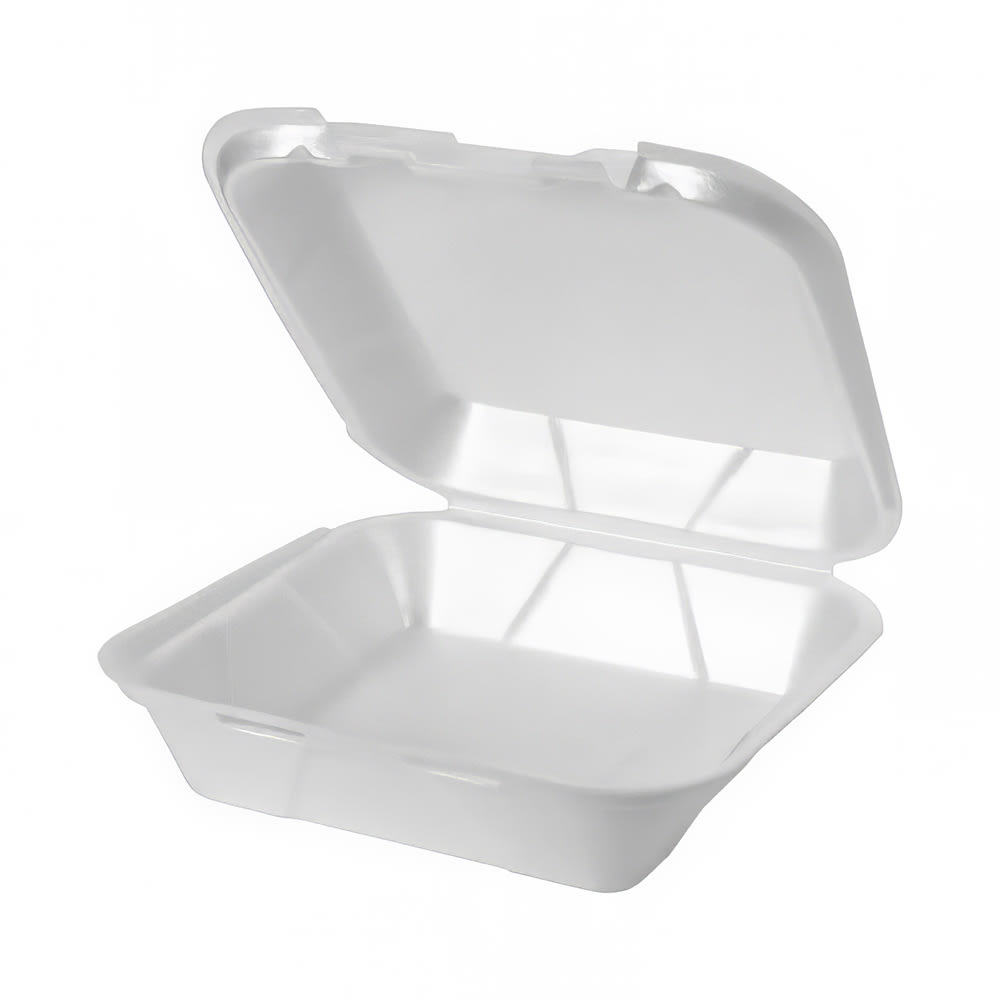 642-579656 Hinged Lid Food Container - 8"L x 8"W x 3"H, Foam, White