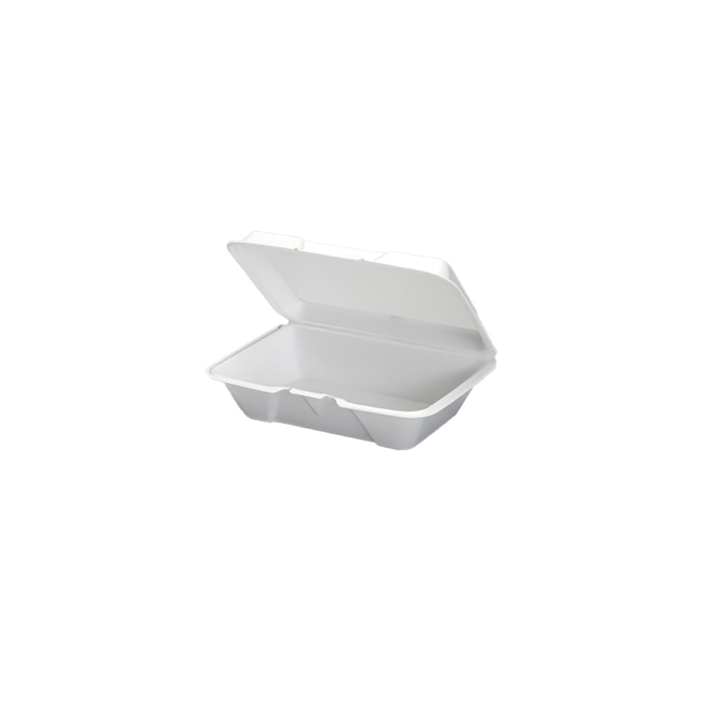 642-579641 Hinged Lid Food Container - 9 3/16"L x 6 1/2"W x 2 7/8"H, Foam, White