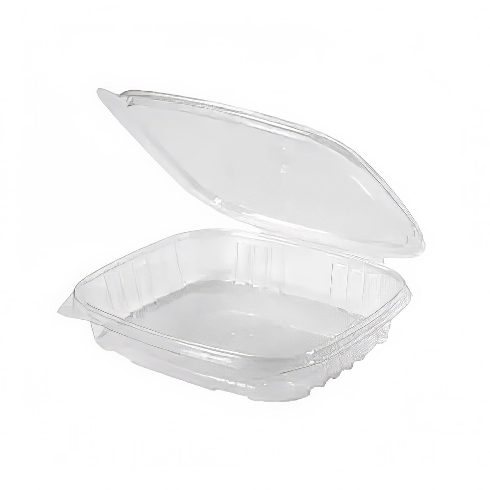 642-579793 Hinged Lid Food Container - 7 1/5"L x 6 1/3"W x 1"H, PET, Clear