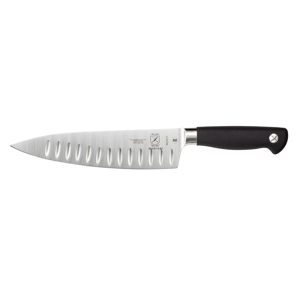 Mercer Culinary M21077 8" Granton Chef's Knife w/ Black Non-Slip Santoprene® Handle, High-Carbon German Steel