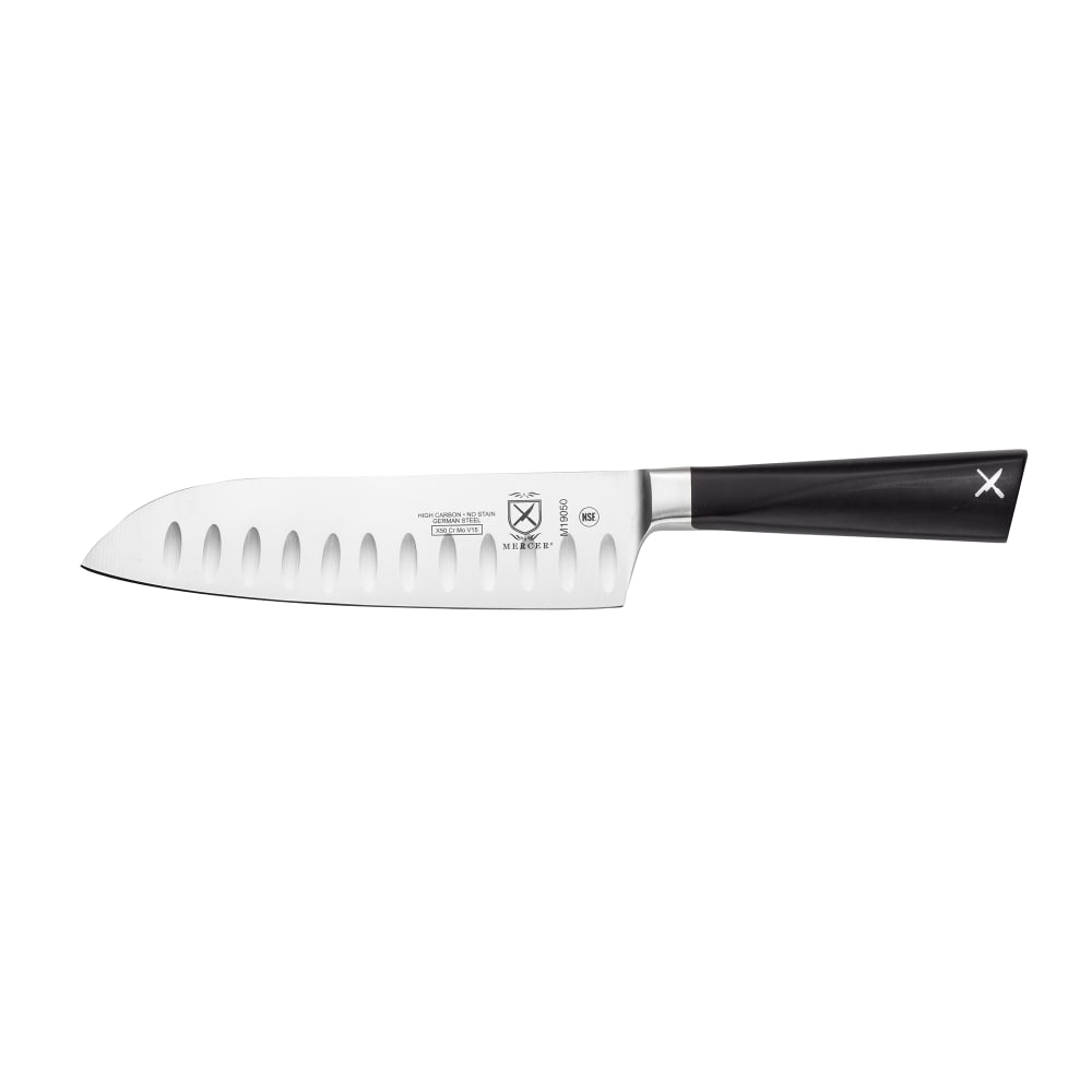 Mercer Culinary M19050 7" Granton Santoku Knife w/ Black Ergonomic POM Handle, High-Carbon German Steel