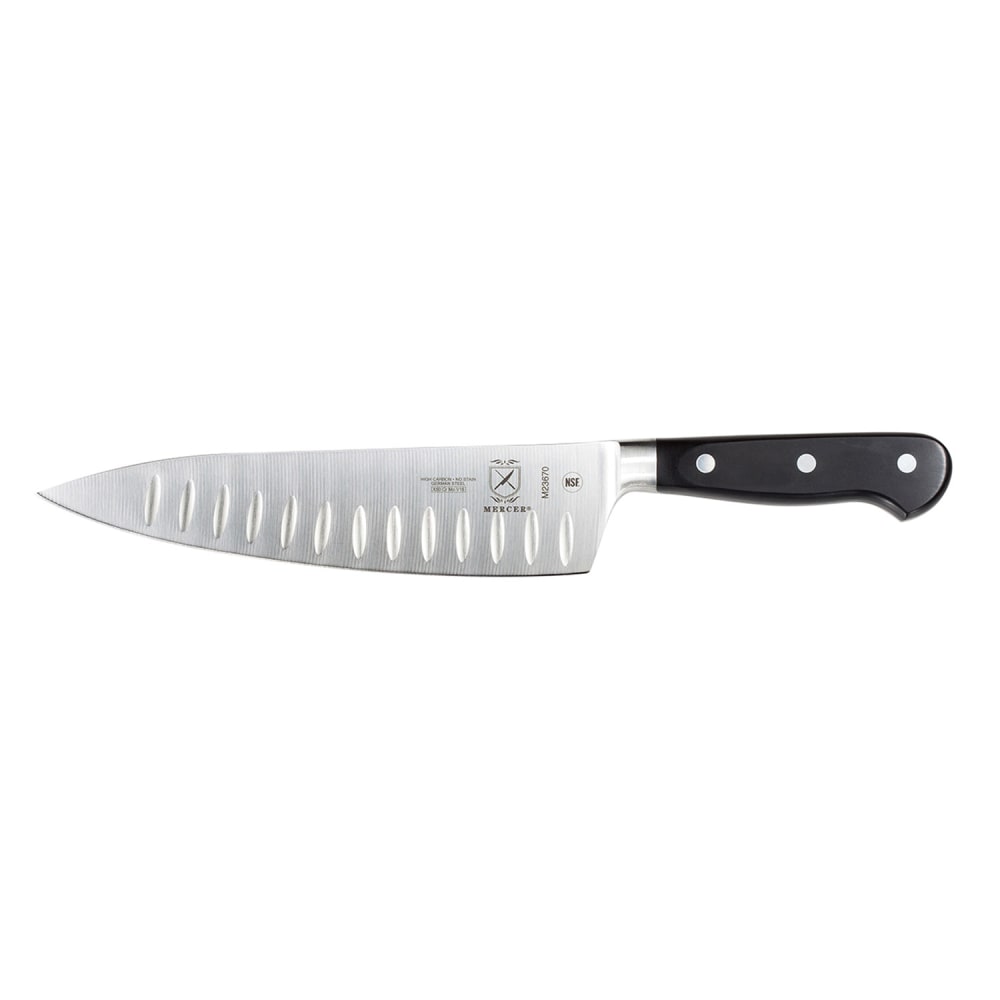 Mercer Culinary M23670 8" Granton Chef's Knife w/ Black Ergonomic Delrin® Handle, High-Carbon German Steel