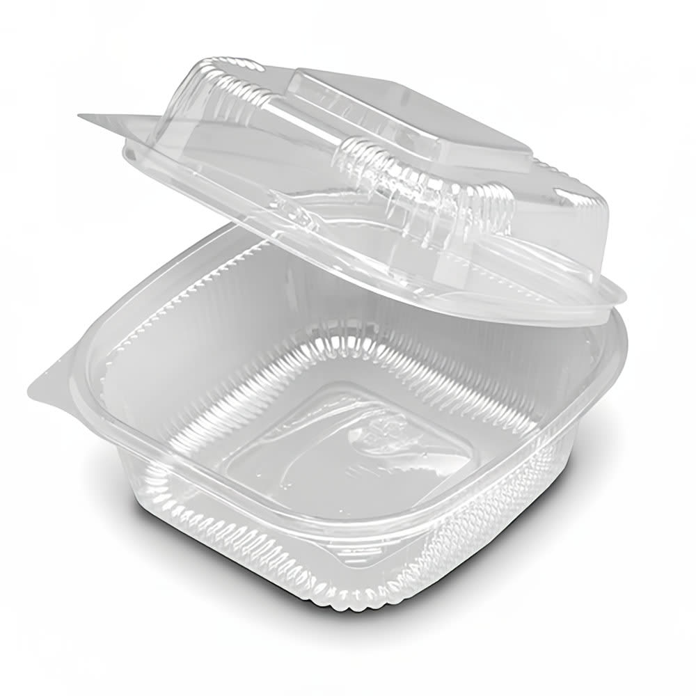 389-675952 6 1/10" Hinged Lid Food Container - Polystyrene, Clear