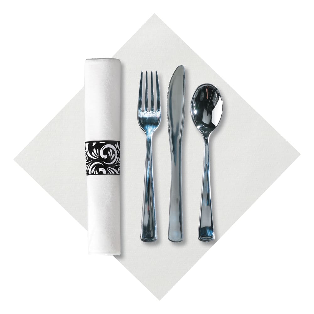 Hoffmaster 119978 CaterWrap® Linen-Like® Heavy Weight Disposable Cutlery Set - Plastic, Silver
