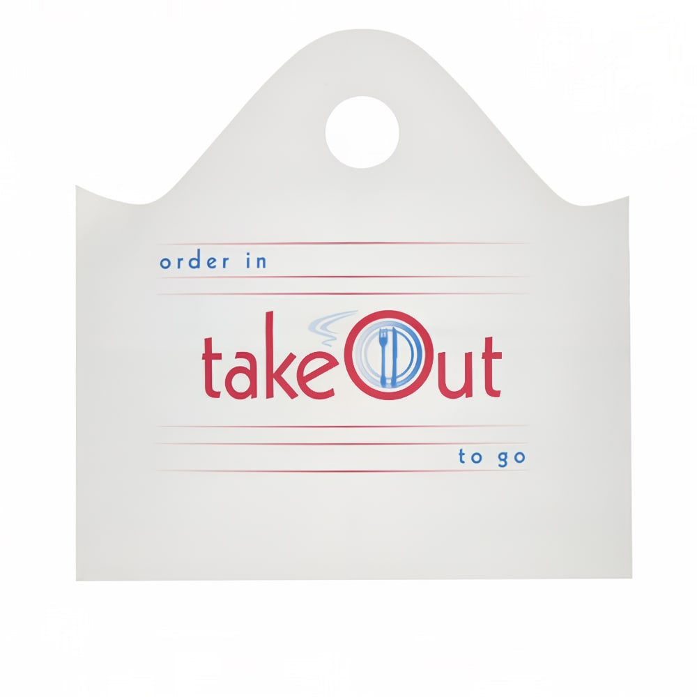 237-647462 Printed Poly Take Out Bag w/ Handles - 19" x 19" x 9 1/2", White