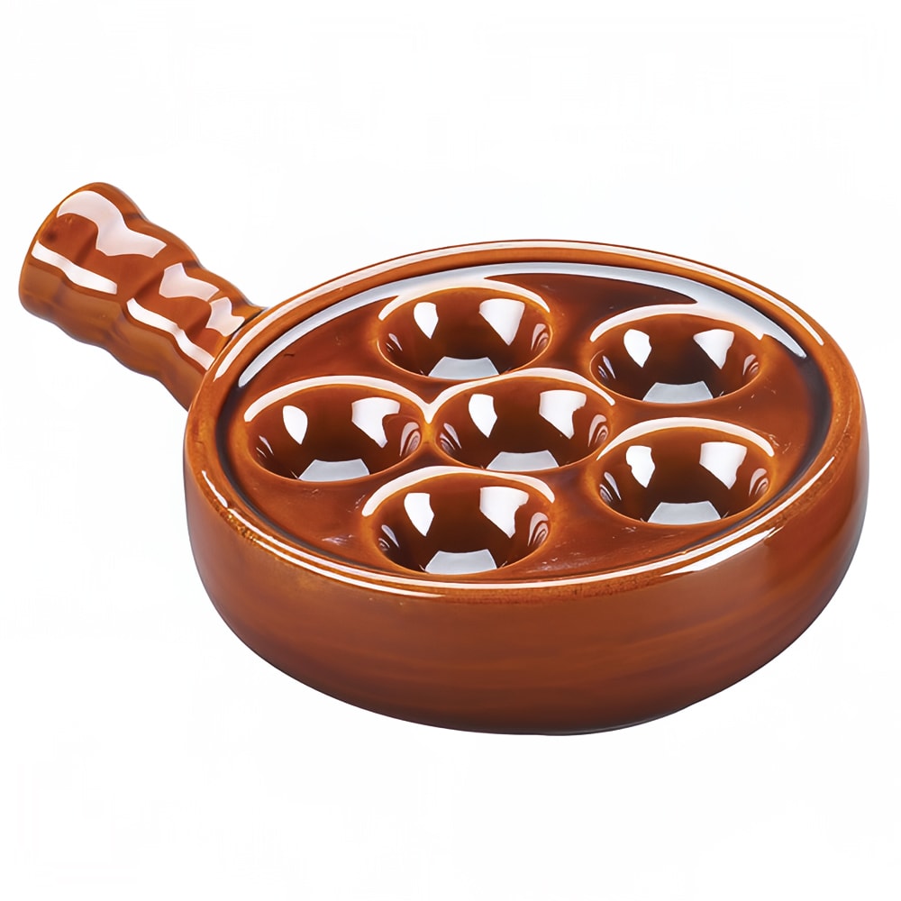 158-744045 5 3/10" Round Escargot Plate w/ Handle - 6 Holes, Ceramic, Brown