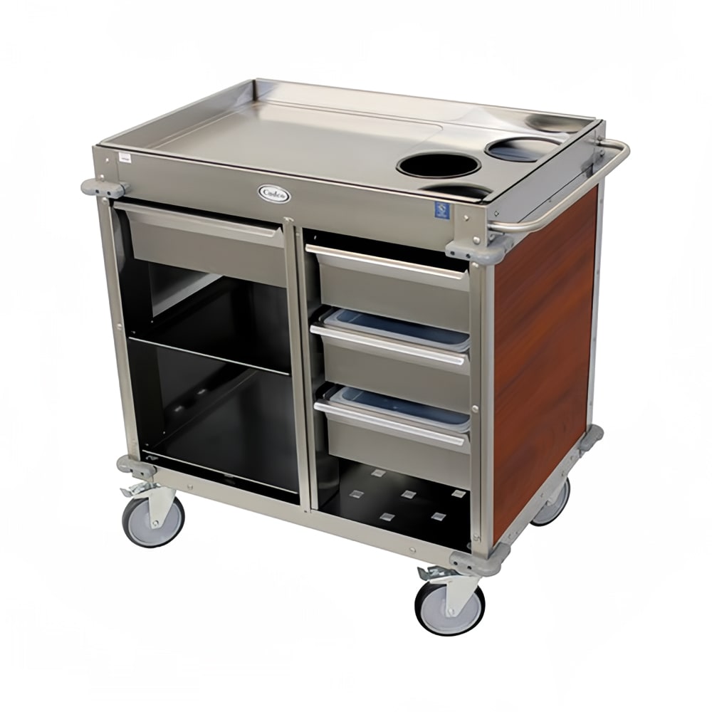 Cadco BC-4-L5 Mobile Beverage Service Cart w/ (2) Shelves & (4) Drawers - Stainless Steel/Cherry Laminate