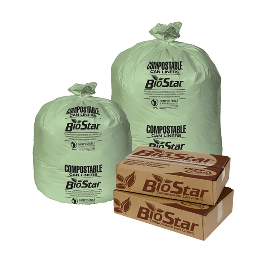 Pitt Plastics BS60G 60 gal Biostar Trash Can Liner Bags - 58"L x 38"W, LDPE, Green