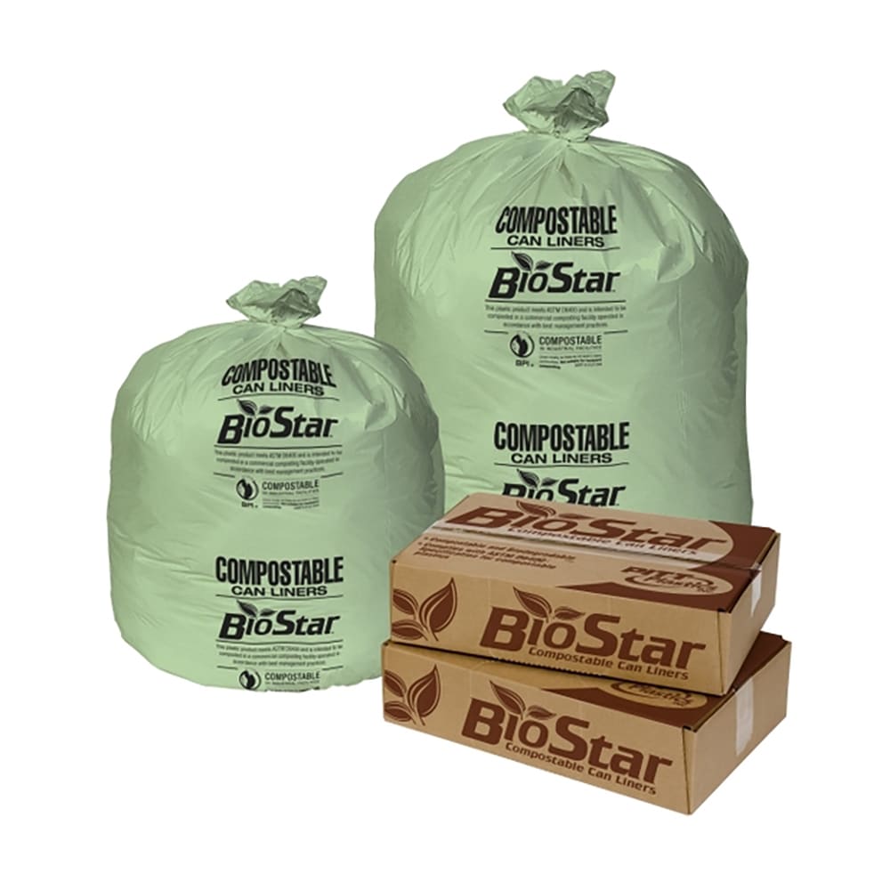 Pitt Plastics BS33G 33 gal Biostar Trash Can Liner Bags - 39"L x 33"W, LDPE, Green