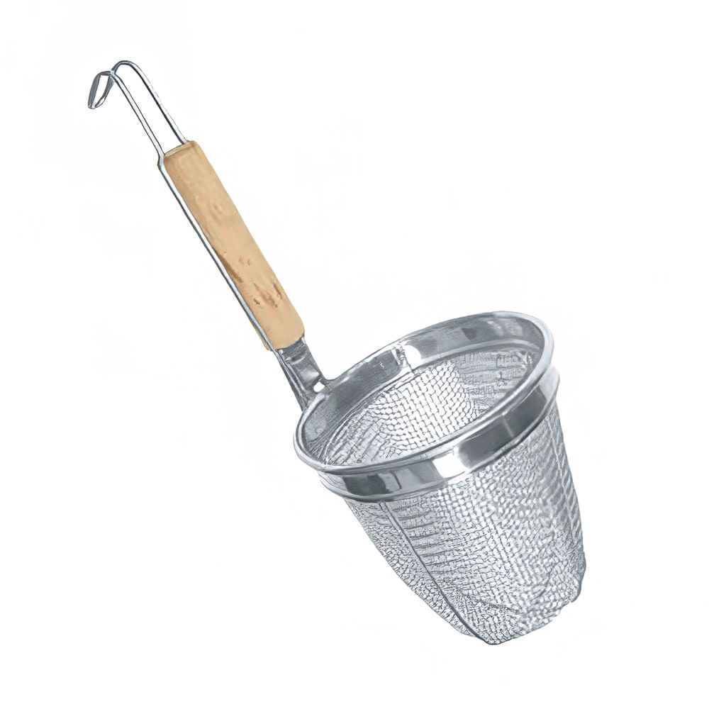 438-SLNS002 5 1/2" Mesh Noodle Skimmer - Round Wood Handle, Stainless Steel