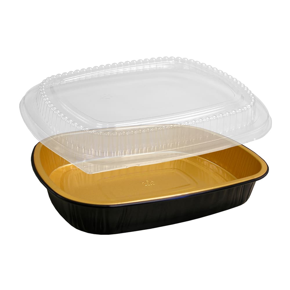 428-487494 To-Go Container w/ Dome Lid - 9 3/4" x 7 3/4", Black/Gold
