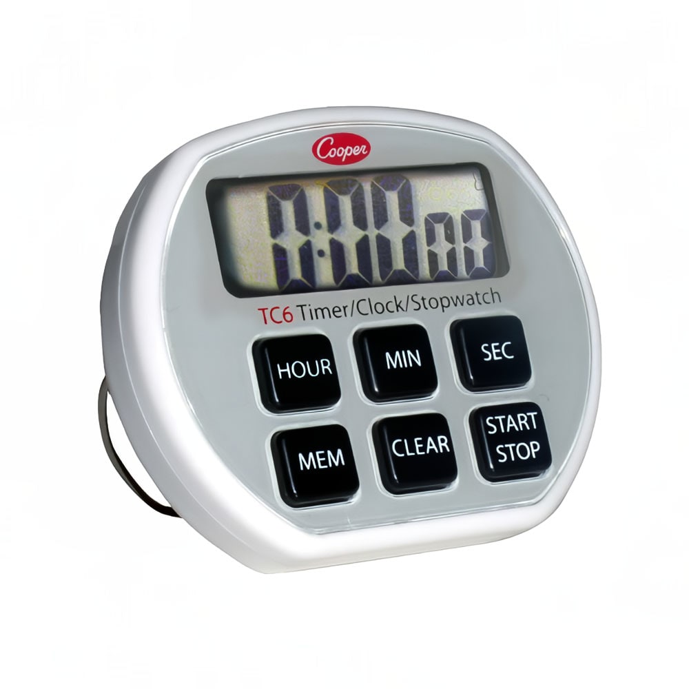 Cooper TC6-0-8 Digital Timer / Clock / Stopwatch, 24 Hr, 1 sec Increments, Memory
