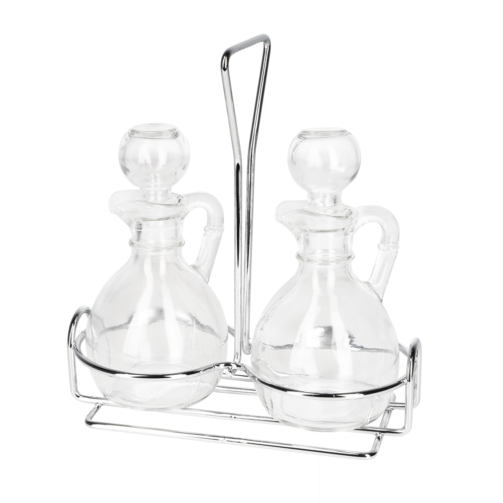 634-80371 6 oz Cruet Set w/ Wire Rack & Glass Stoppers - Glass, Clear
