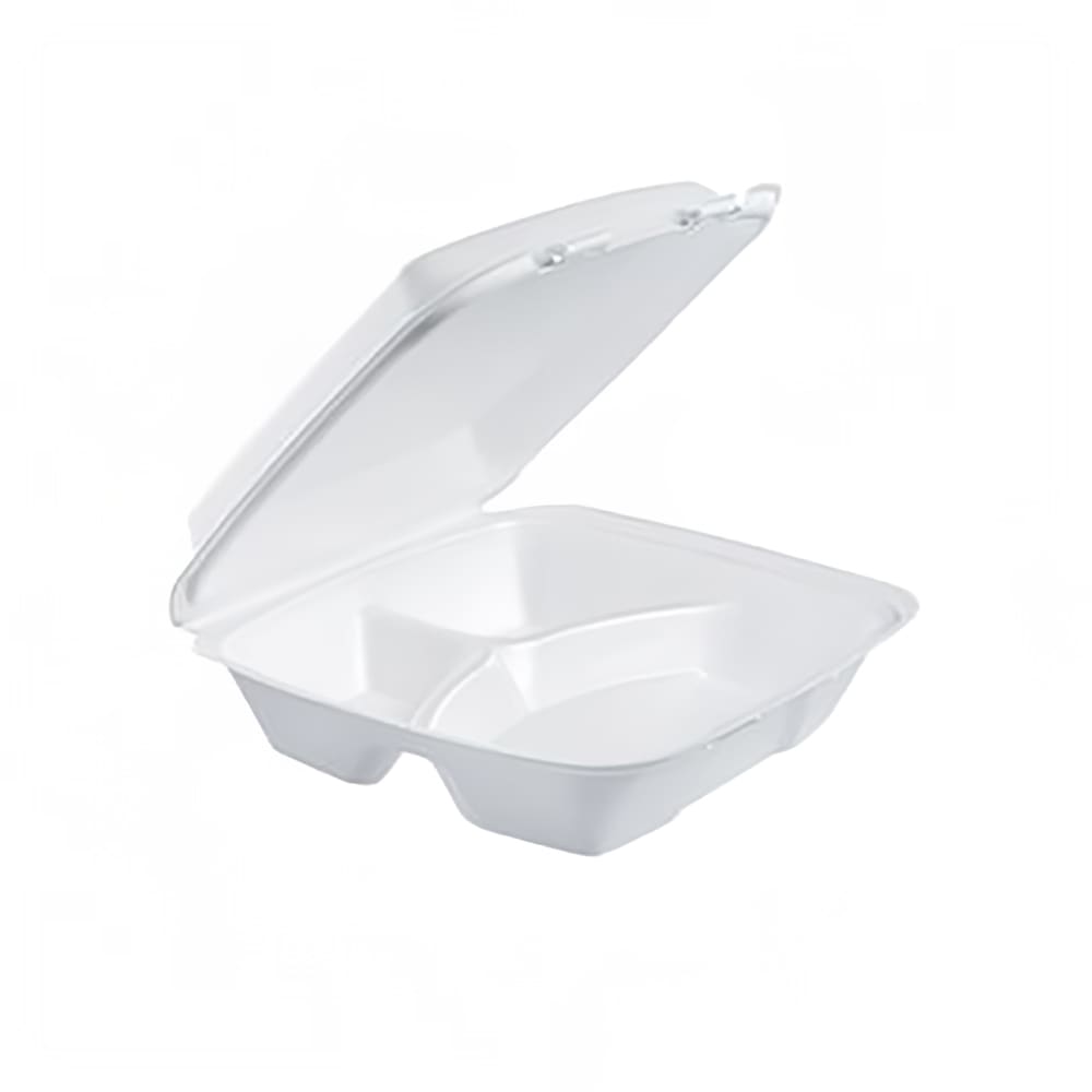 Dart 90HT3 3 Compartment Hinged Lid Food Container - 9 2/5"L x 9"W x 3"H, Insulated Foam, White