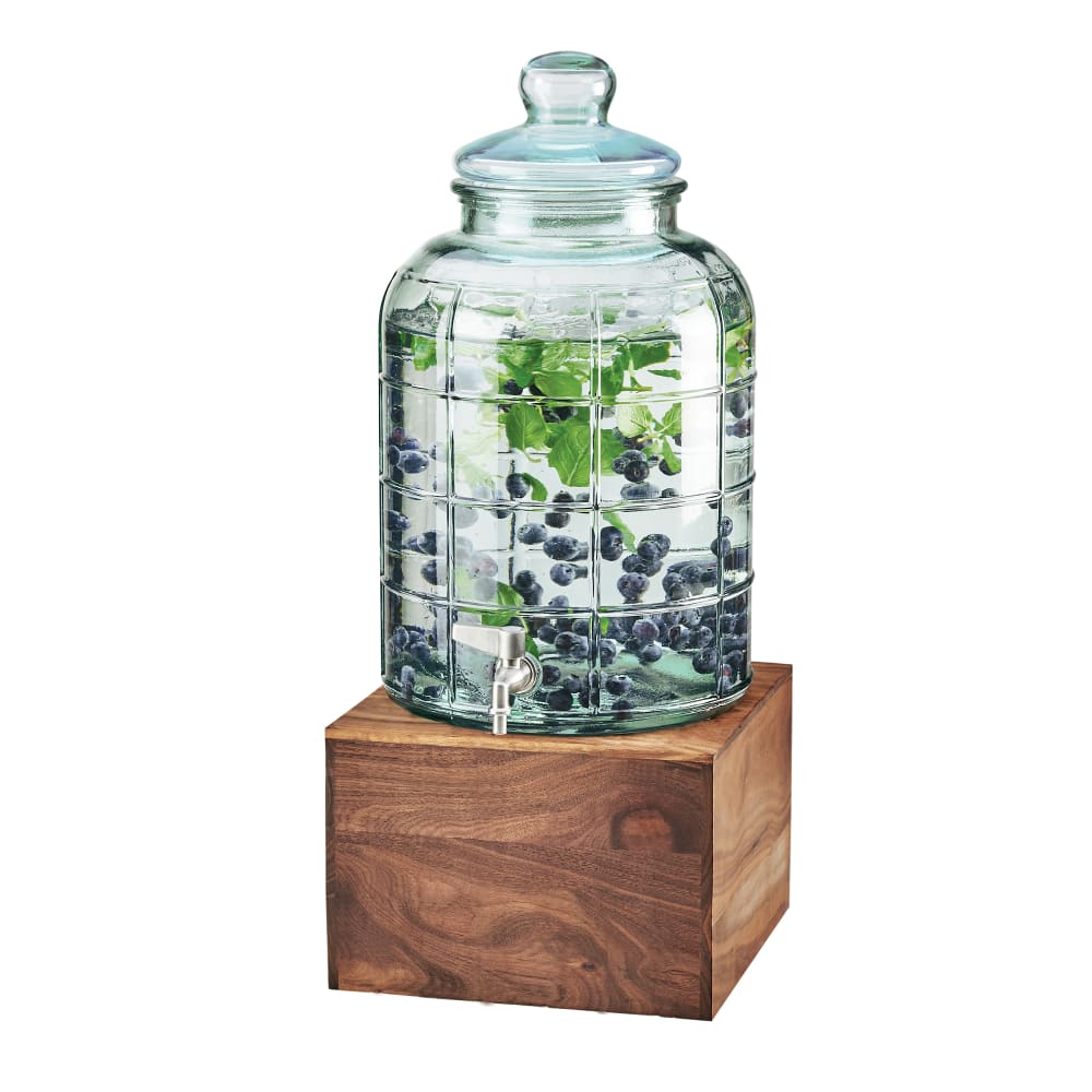 151-3568278 Mid-Century 2 Gallon Round Glass Beverage Dispenser w/ Ice Chamber - Wood Base