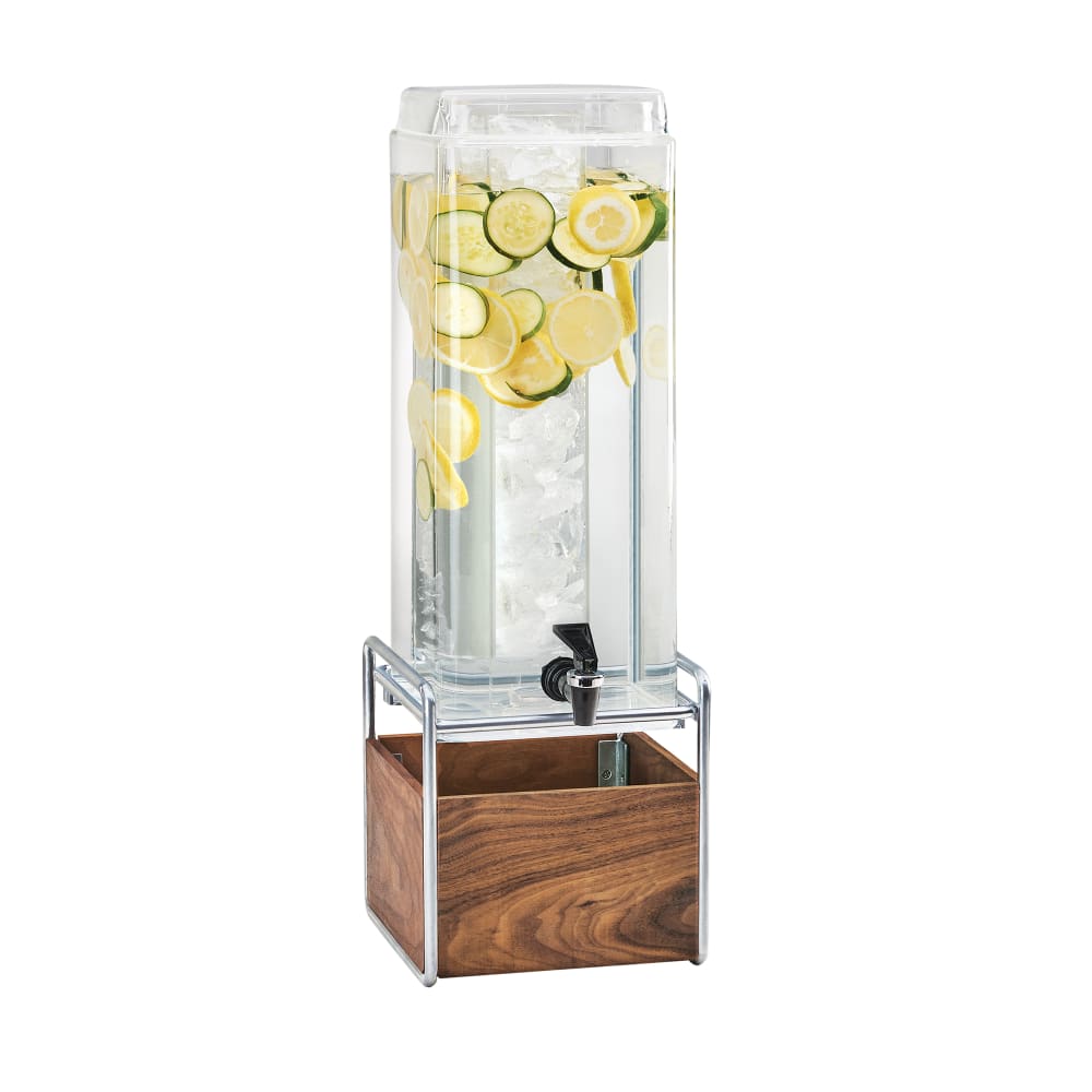 151-3703349 3 gal Beverage Dispenser w/ Ice Tube - Plastic Container, Walnut/Chrome Base