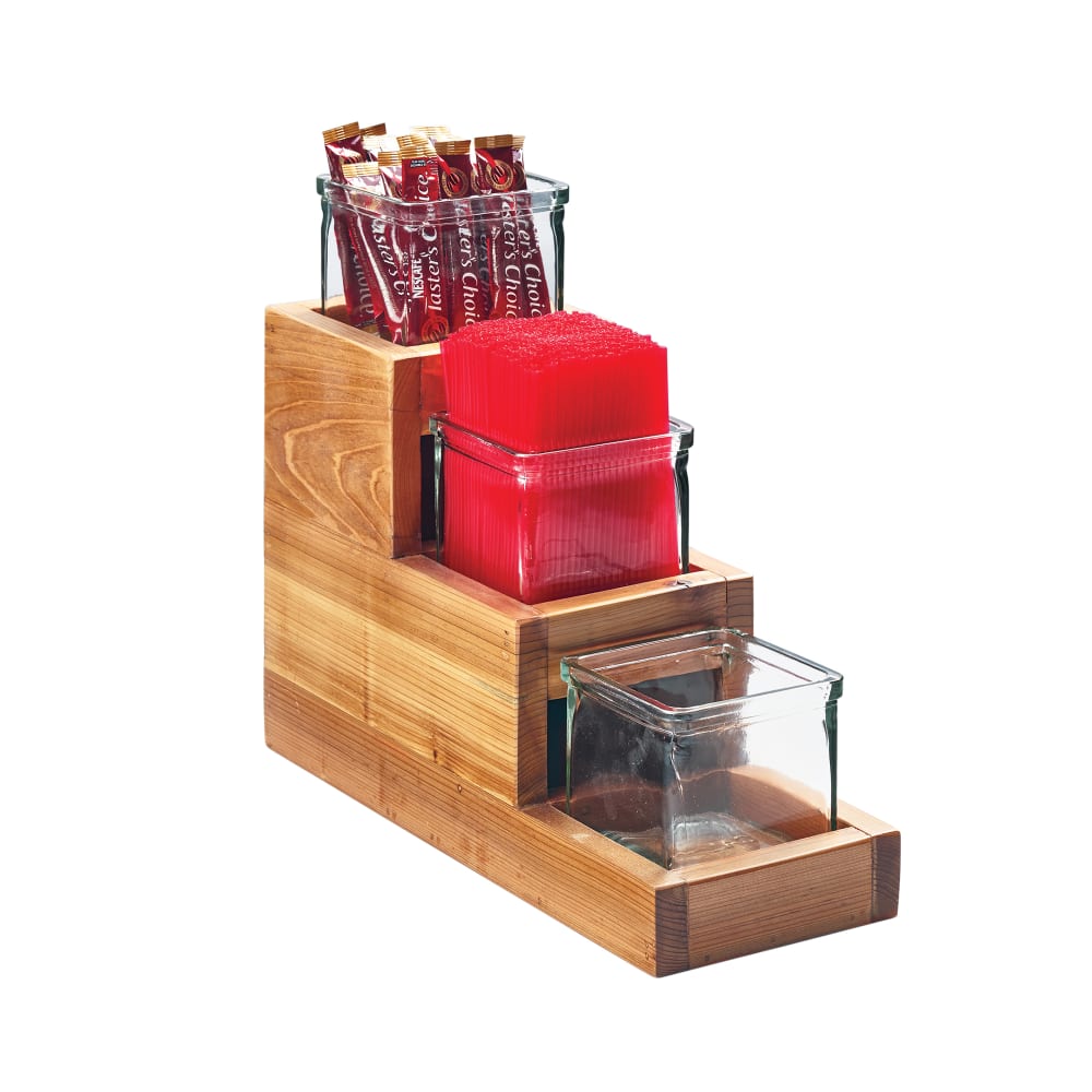 151-3612499 Rectangular 3 Compartment Condiment Jar Display - Clear/Brown