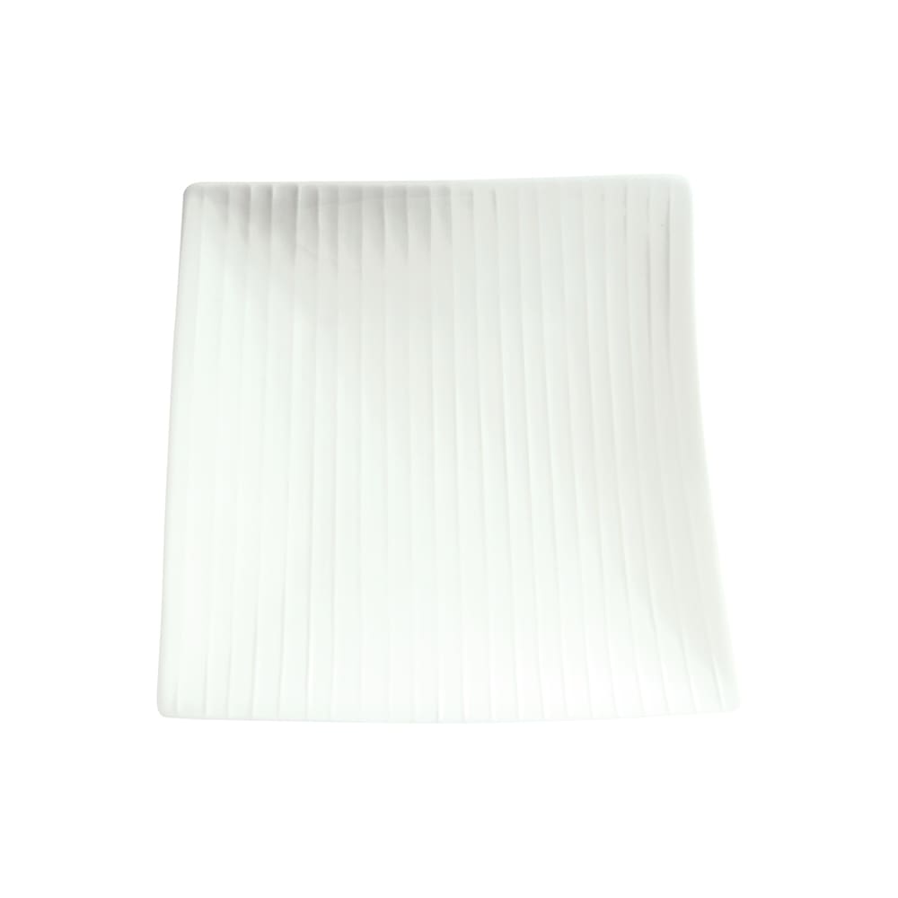 057-707101N Trapezoid Striped Fusion Plate - 10" x 9 1/2", Ceramic, White