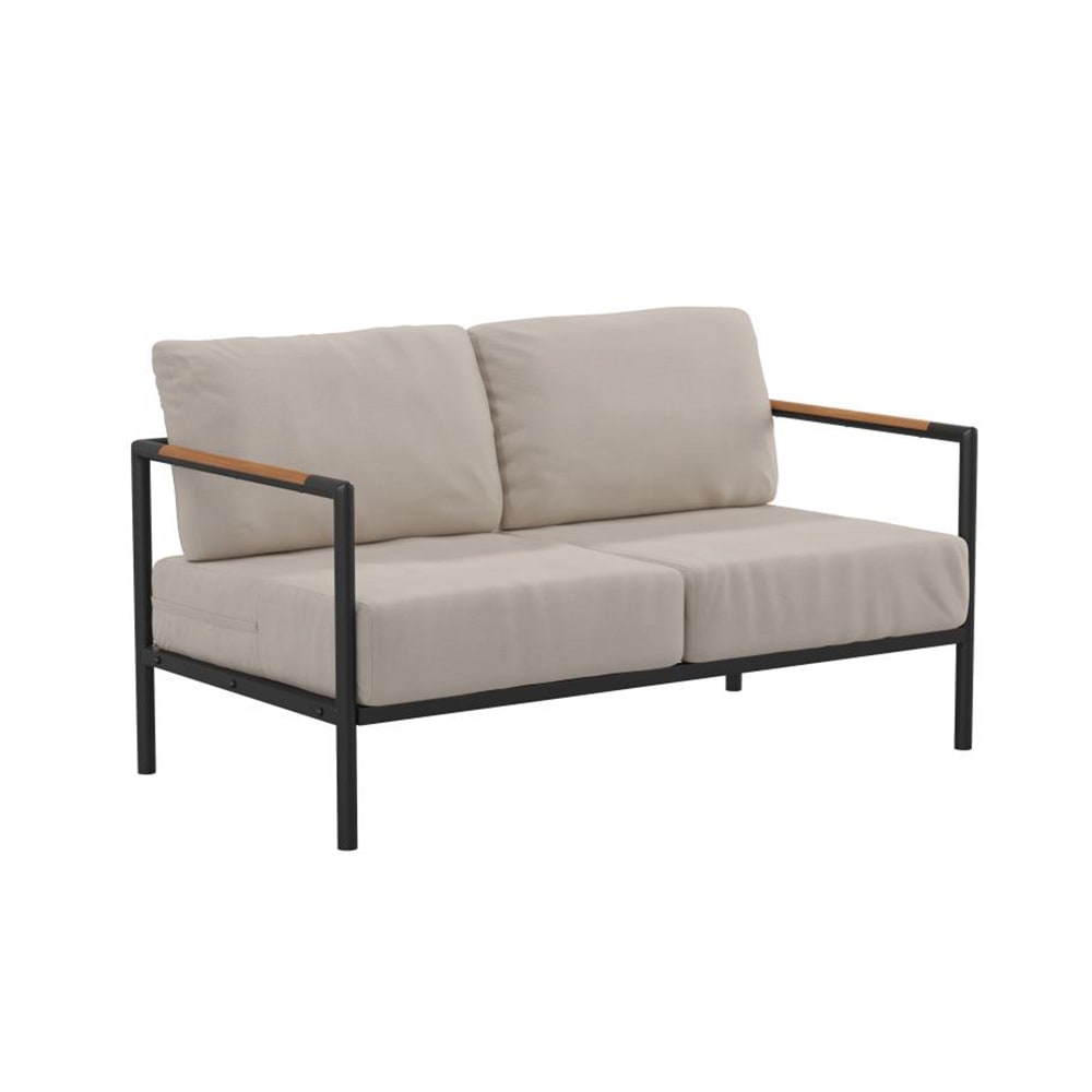 916-GM2010272SGYGG Outdoor Patio Loveseat - Beige Cushions w/ Black Steel Frame